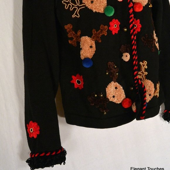 Jack B Quick Petite Christmas Black Cardigan Sweater PS Reindeer Jingle Bells - Picture 3 of 12